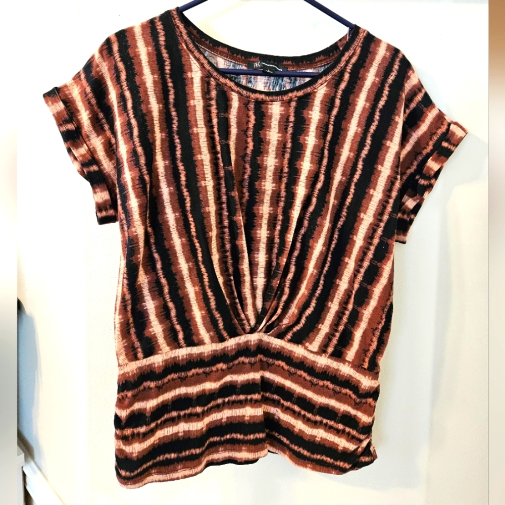 INC Women's Brown and Black Striped Shirt Size Large